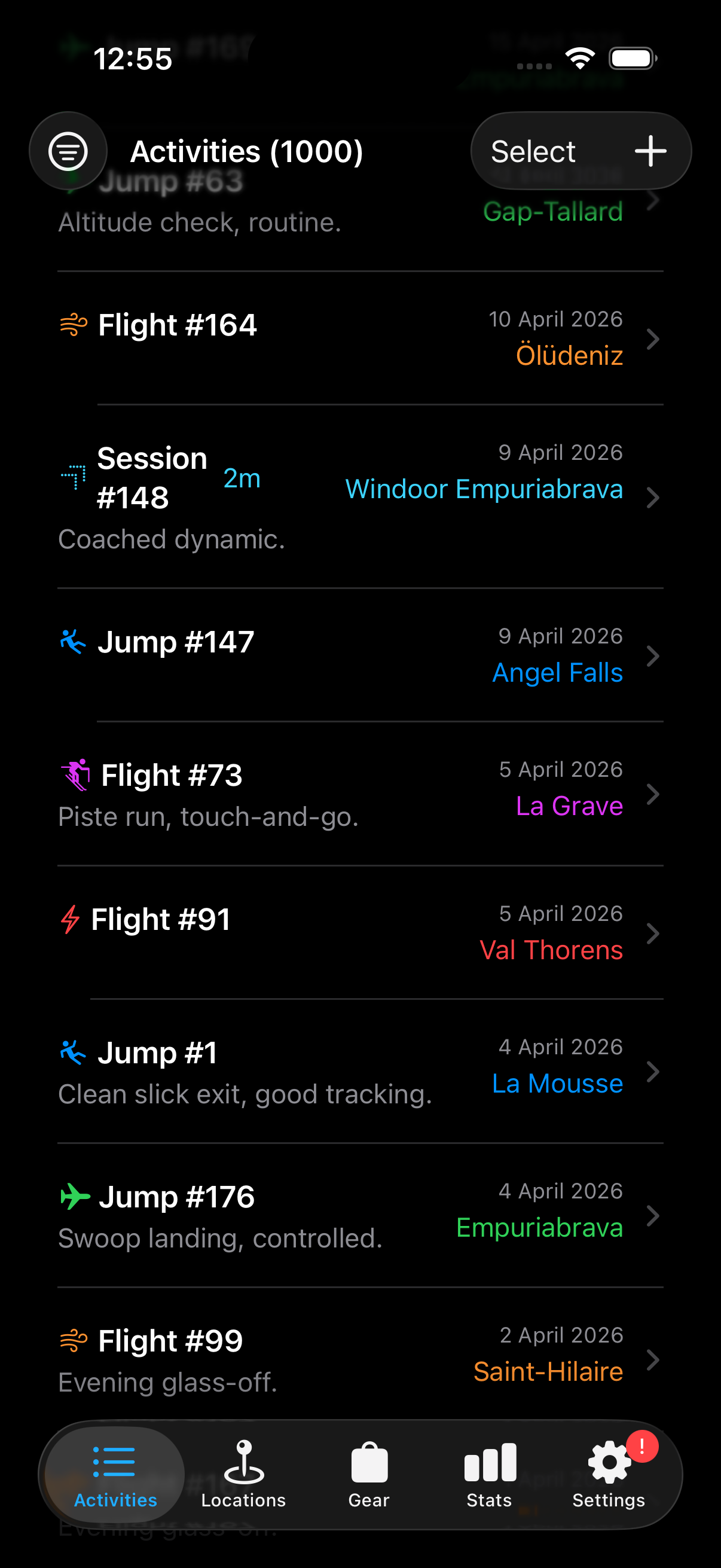 BASELog Activities list showing jumps, flights, and sessions